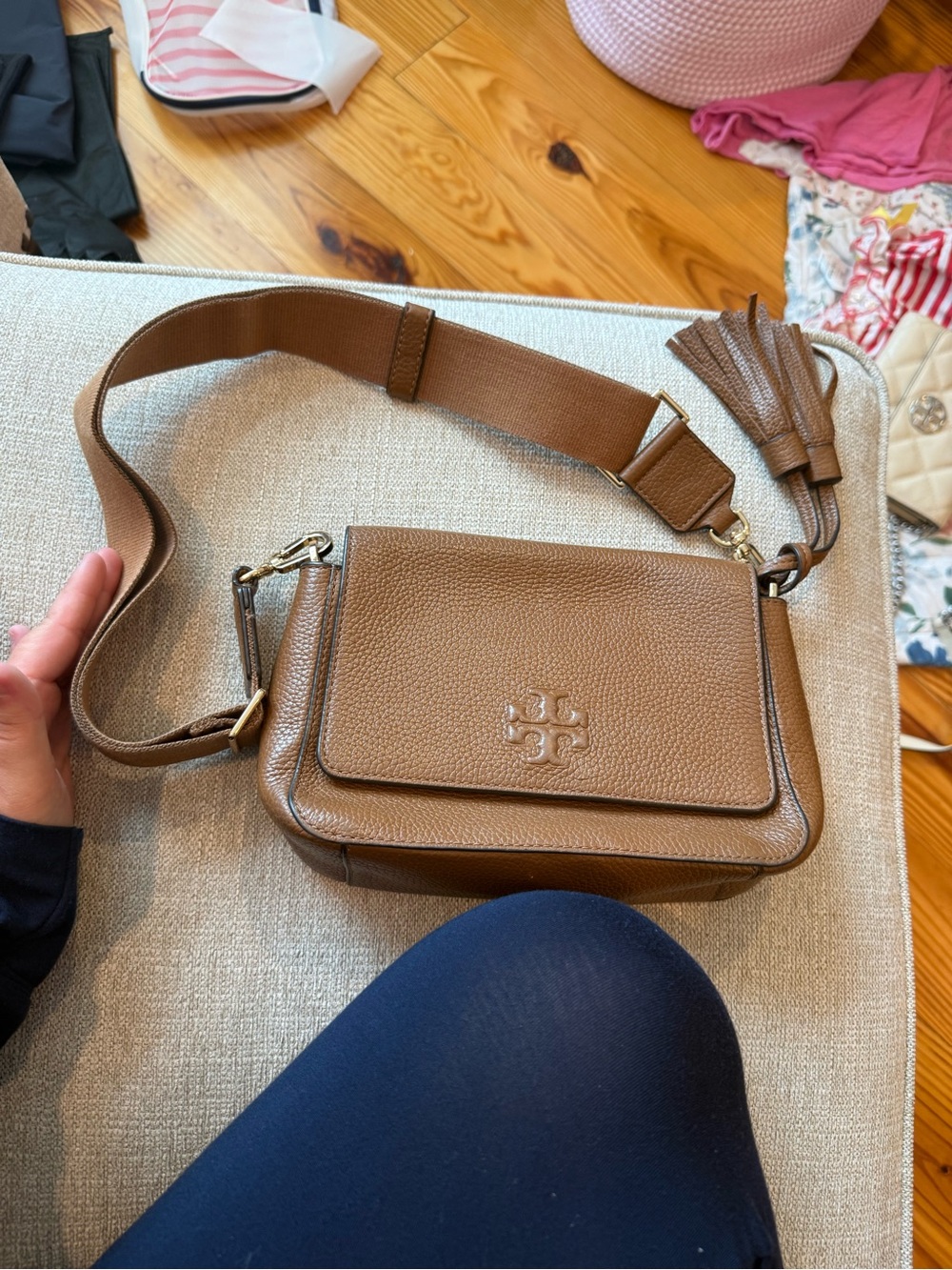 Tory Burch Brown Leather Crossbody Bag comes with extra strap